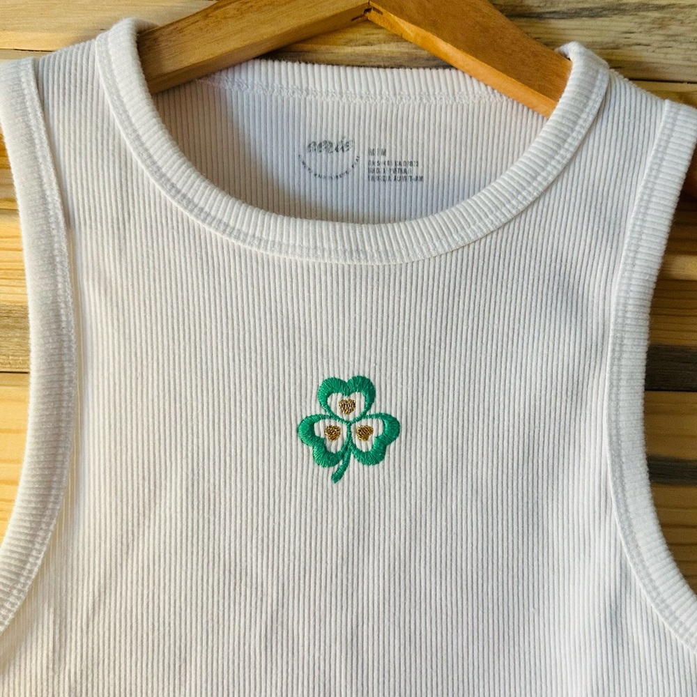 Aerie White Tank Top with Green Embroidery - Picture 2 of 2